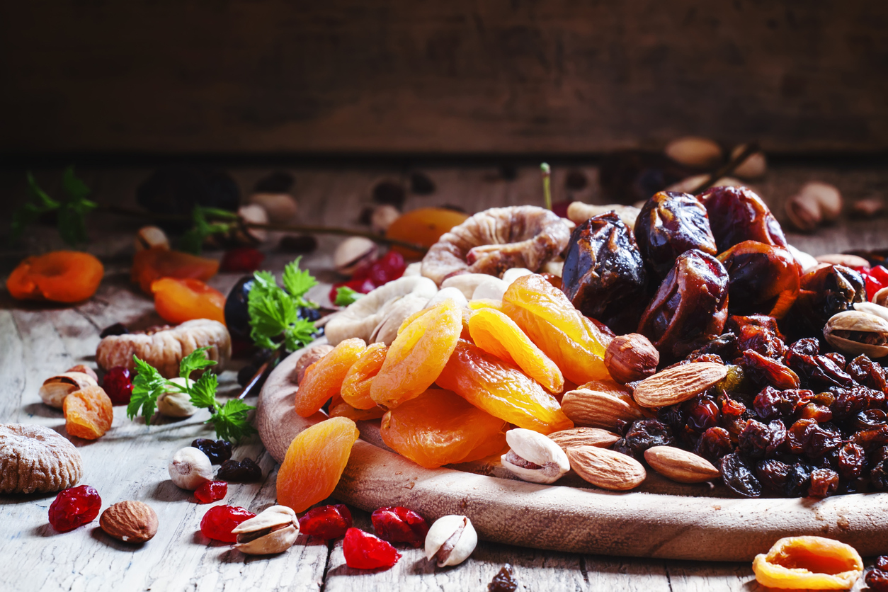 Dried fruit on a chopping board